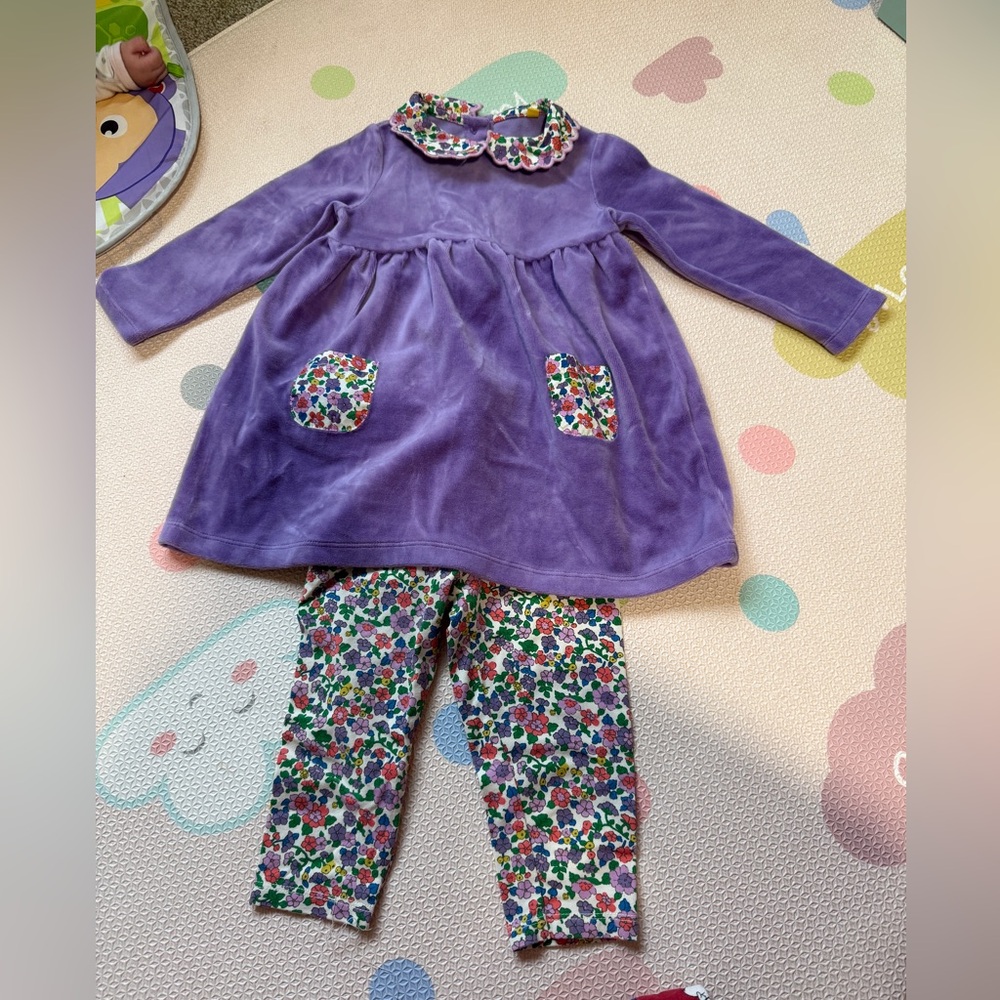 Baby Boden Purple Dress and Floral Leggings Set